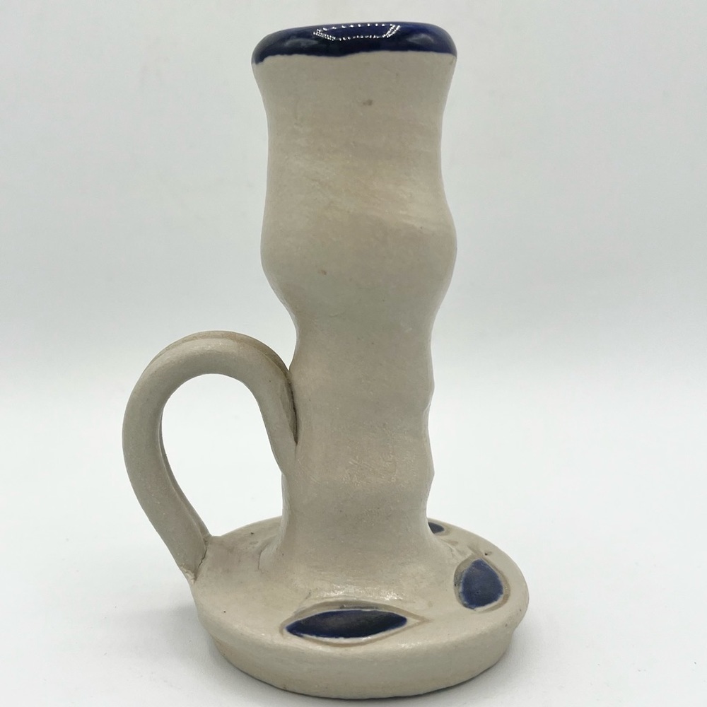 Williamsburg Pottery Candlestick 4.25” with Salt Glaze White and Blue